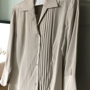 Greige silk long sleeve pintuck collared blouse.